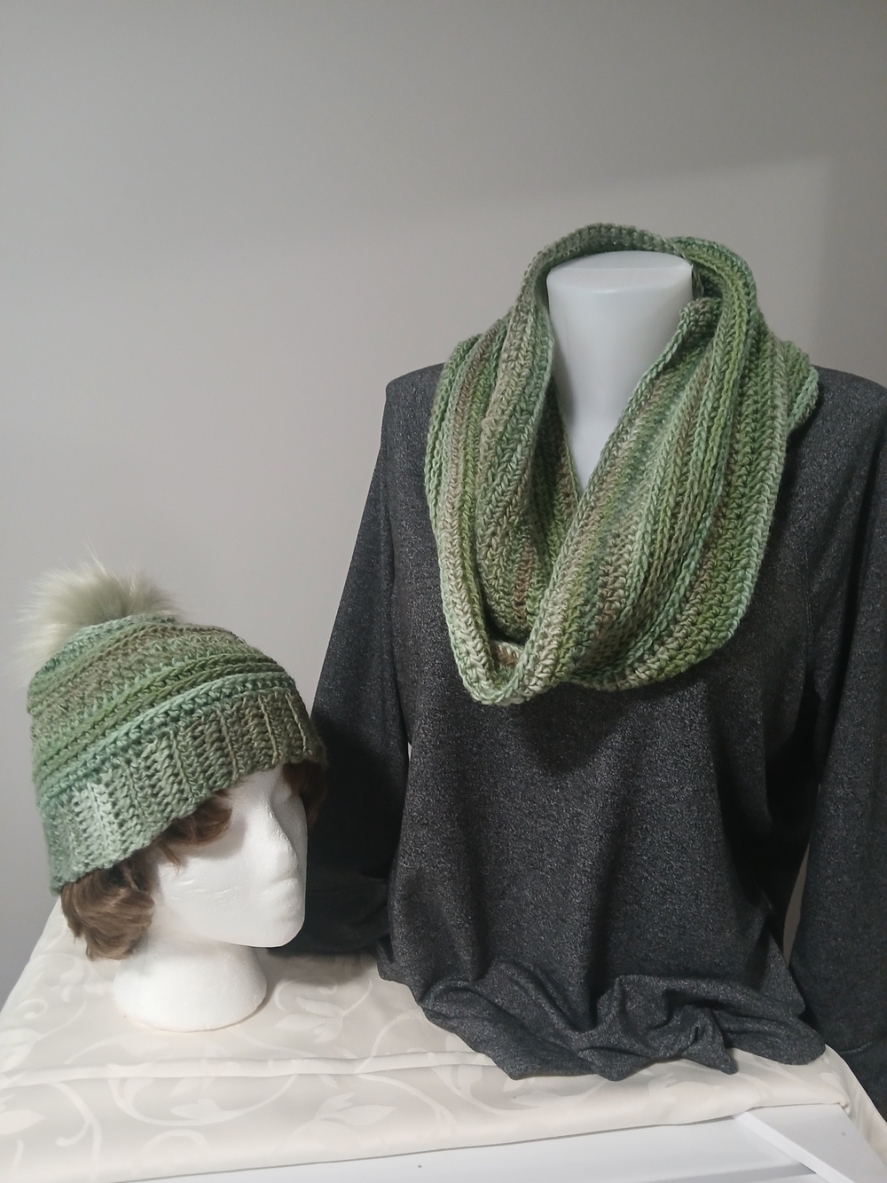 Handknit Green Gradient Infinity Scarf and Beanie Set
